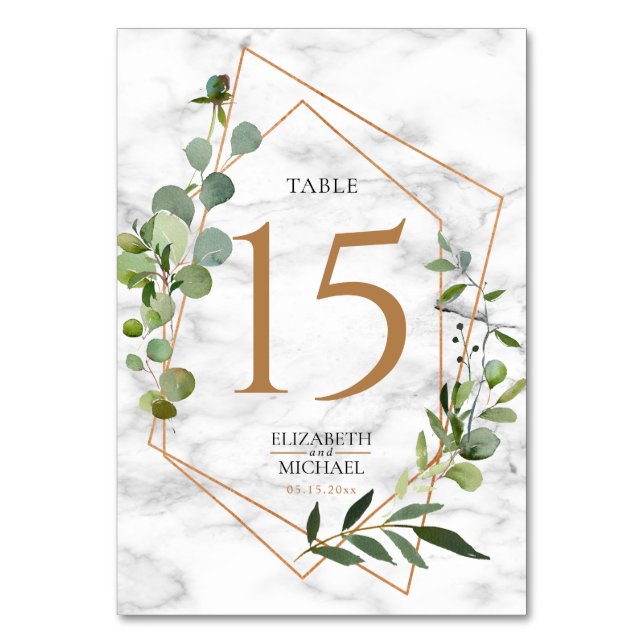 Copper Geometric Marble Eucalyptus Elegant Wedding Table Number (Front)