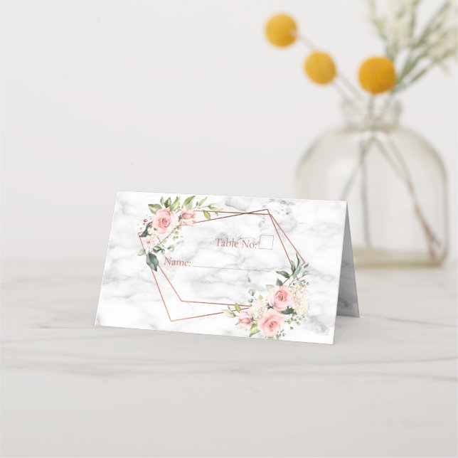 Copper Geometric Marble Pink Floral Place Card (Front)