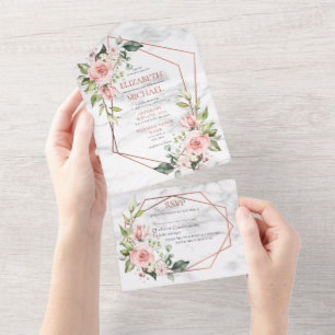 Copper Geometric Marble Pink Floral Wedding All In One Invitation