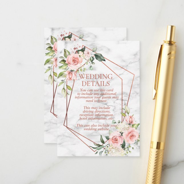 Copper Geometric Marble Pink Floral Wedding Detail Enclosure Card (Front/Back In Situ)