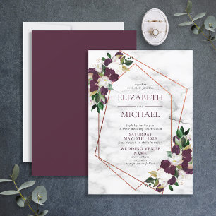 Copper Geometric Marble Plum Burgundy Floral Invitation