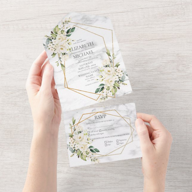 Copper Geometric Marble White Floral  Wedding All In One Invitation (Tearaway)