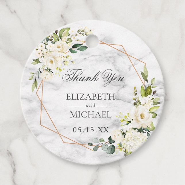 Copper Geometric Marble White Floral Wedding Favour Tags (Front)