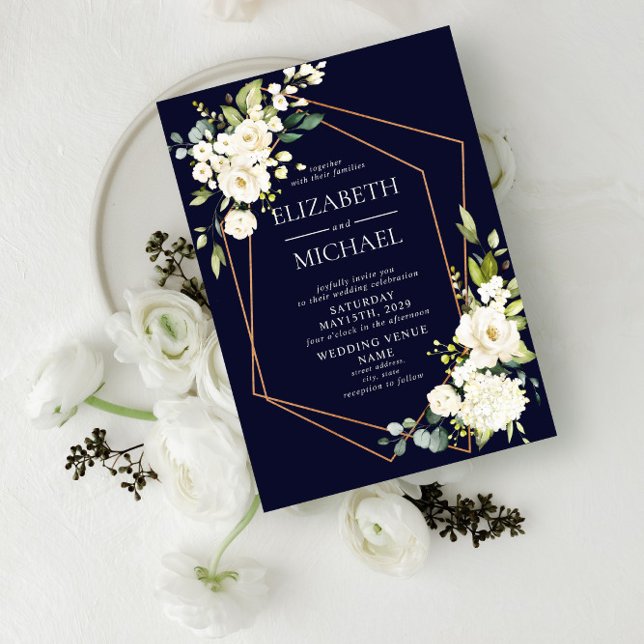 Copper Geometric Navy Blue White Floral  Wedding Invitation (Creator Uploaded)