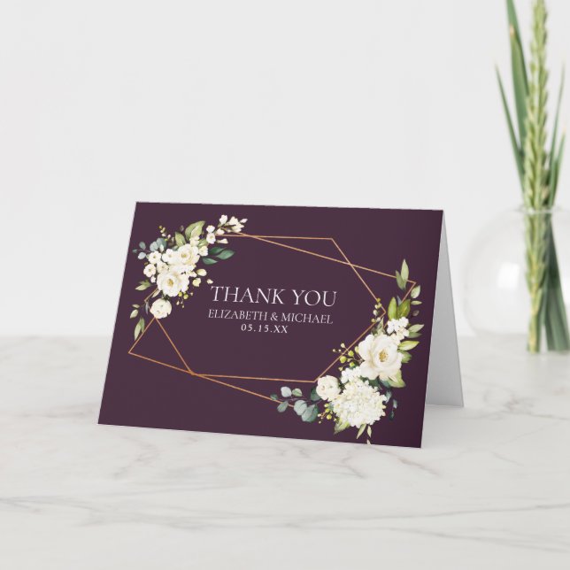 Copper Geometric Plum White Floral Photo Wedding Card (Front)
