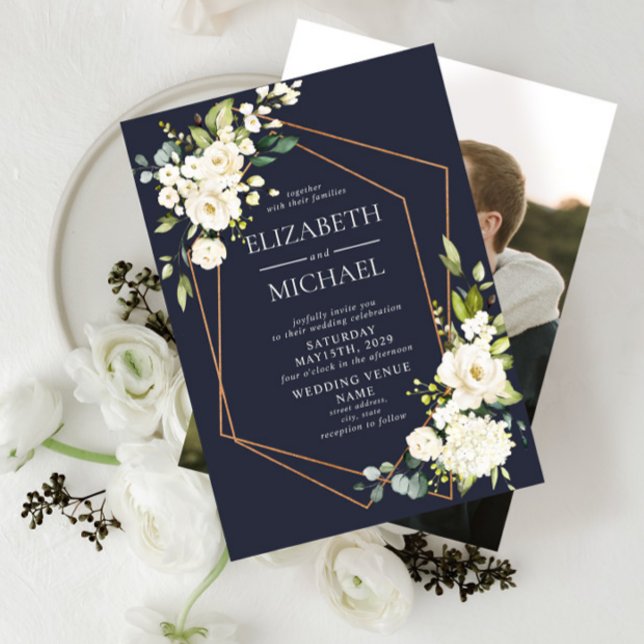 Copper Geometric White Blue Elegant Photo Wedding Invitation (Creator Uploaded)