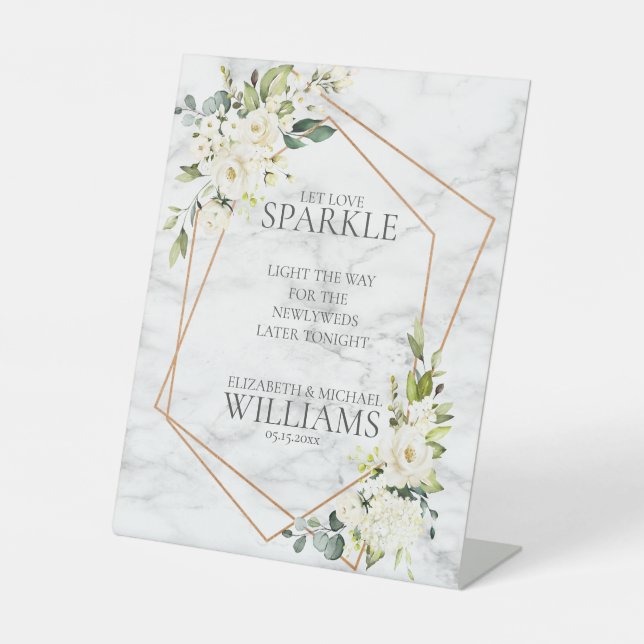 Copper Geometric White Floral Let love Sparkle Pedestal Sign (Front)