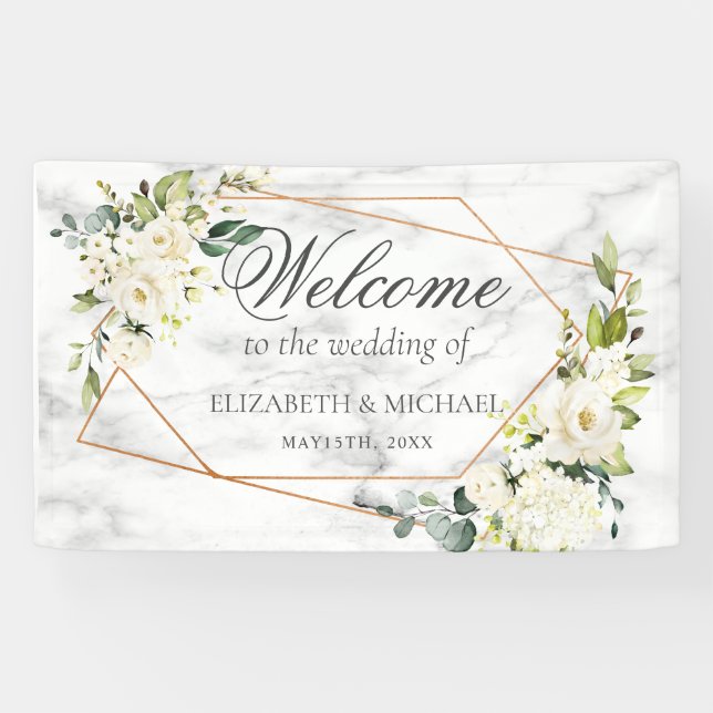 Copper Geometric White Floral Marble Wedding Banner (Horizontal)