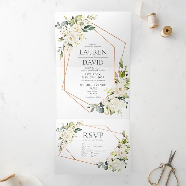 Copper Geometric White Floral Wedding Tri-Fold Inv (Inside)