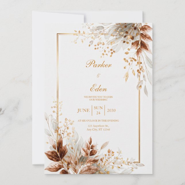 Copper Gilded Autumn Botanical Frame Wedding Invitation (Front)