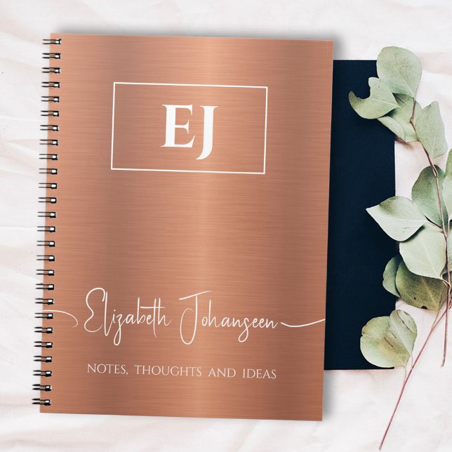 Copper Girly Monogram Script Brushed Metal Foil Notebook (Creator Uploaded)