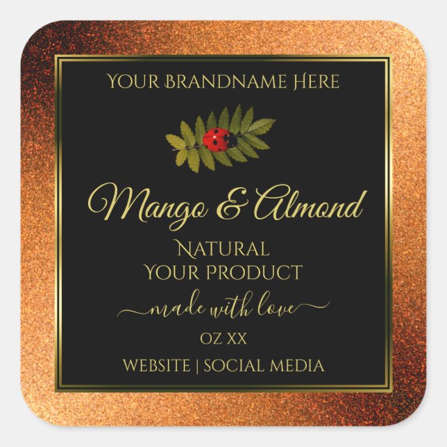 Copper Glitter Black Product Labels with Ladybug (Front)
