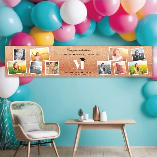Copper Glitter Monogram 10 Photo Graduation Party Banner (Copper Glitter Monogram Stylish 10 Photo Graduation Party Banner @ www.zazzle.com/color_therapy)
