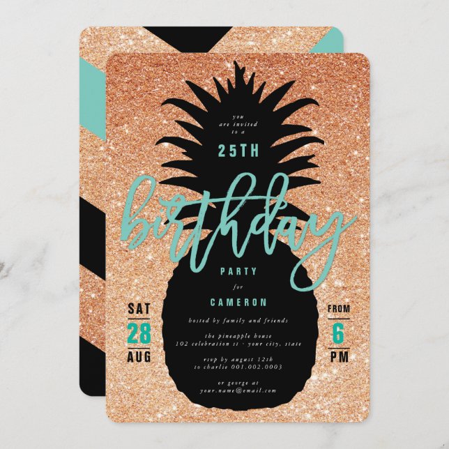 Copper Glitter Pineapple Birthday Party Invite (Front/Back)