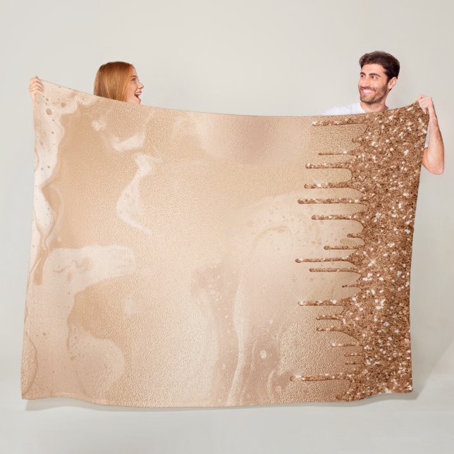Copper Glitter Rain on Blush Copper Metal Marble Fleece Blanket (In Situ)