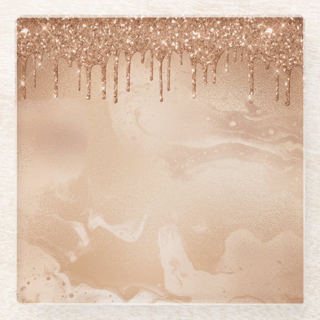 Copper Glitter Rain on Blush Copper Metal Marble Glass Coaster (Front)