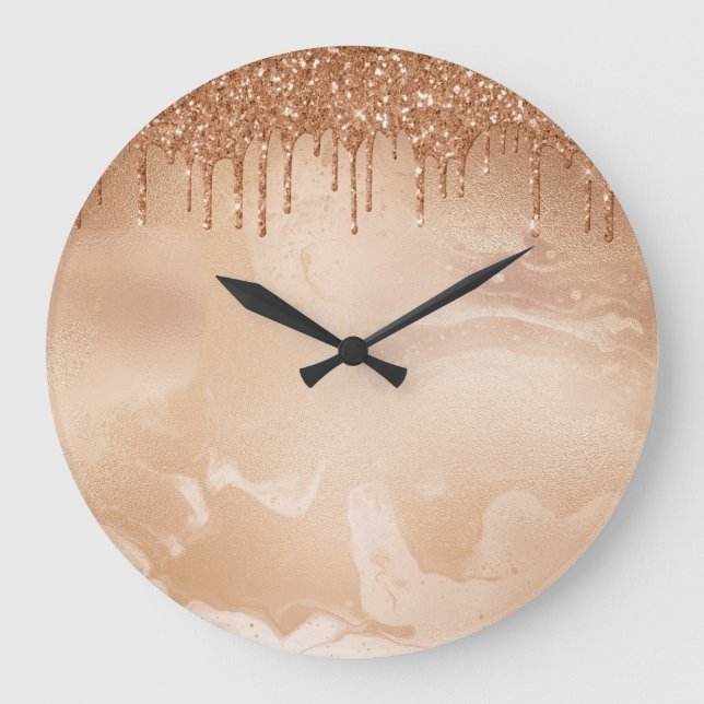 Copper Glitter Rain on Blush Copper Metal Marble Large Clock (Front)