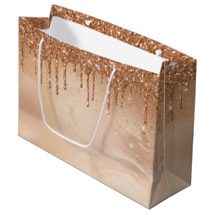 Copper Glitter Rain on Blush Copper Metal Marble Large Gift Bag