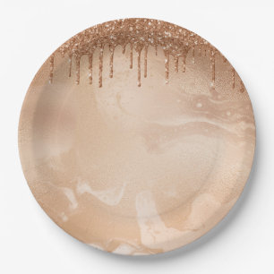 Copper Glitter Rain on Blush Copper Metal Marble Paper Plate