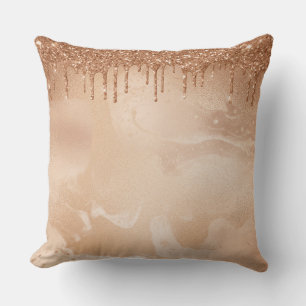 Copper Glitter Rain on Blush Copper Metal Marble Throw Pillow