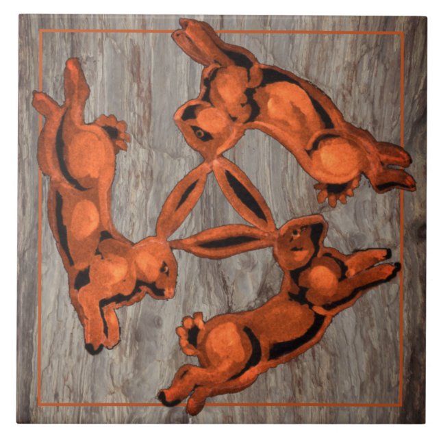 Copper Glow Three Rabbits Simple Motif on Stone Tile (Front)
