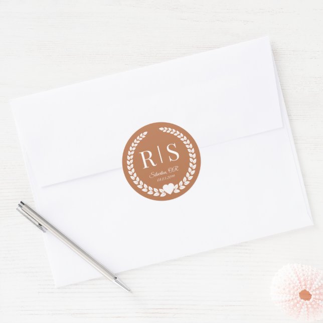 Copper Glow Wedding Monogram Initials Classic Round Sticker (Envelope)