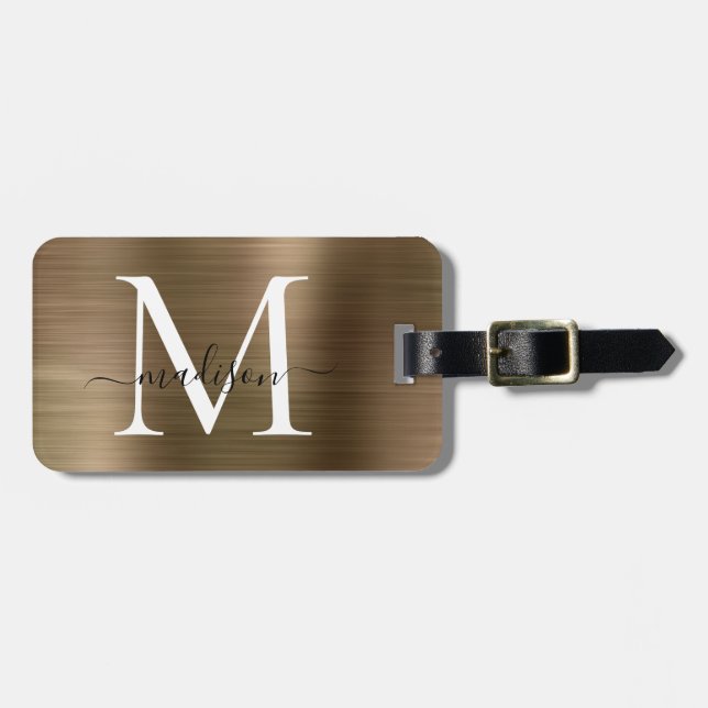 Copper Gold Brushed Steel Metal Script Monogram Luggage Tag (Front Horizontal)