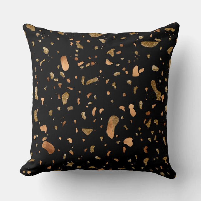 Copper Gold on Black Terrazzo Stone Throw Pillow (Front)