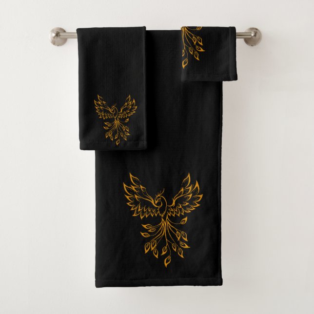 Copper Gold Phoenix Rises on Black Bath Towel Set (Insitu)