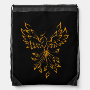 Copper Gold Phoenix Rises on Black  Drawstring Bag
