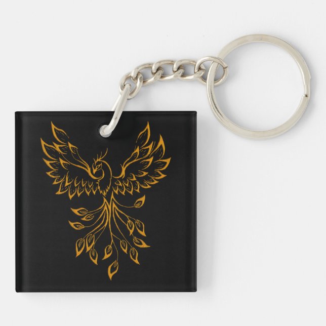 Copper Gold Phoenix Rises on Black  Keychain (Back)