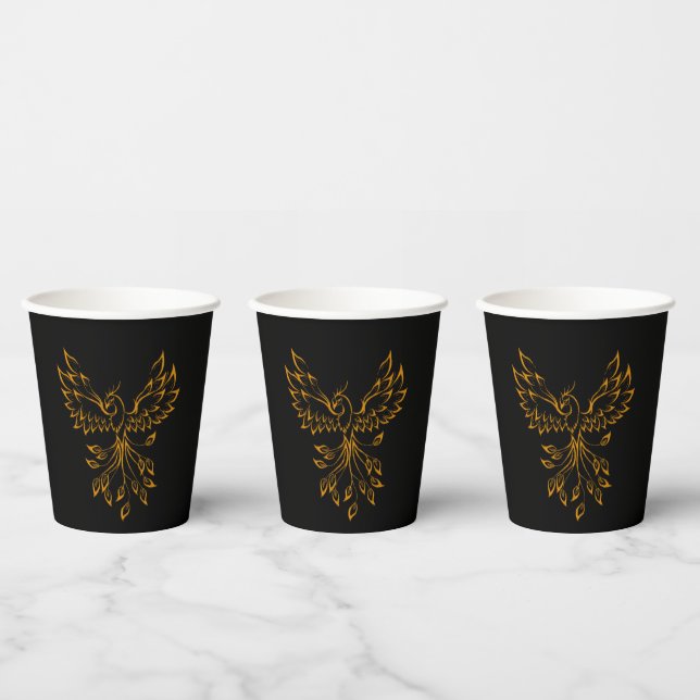 Copper Gold Phoenix Rises on Black Paper Cups (Multi)