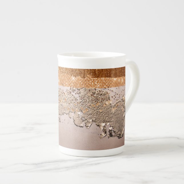 Copper Gold Strokes Glamour Texture Bone China Mug (Front Right)