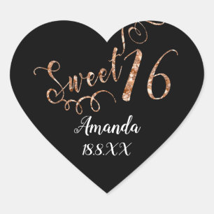 Copper Gold Sweet 16th White Heart Name Date Sticker