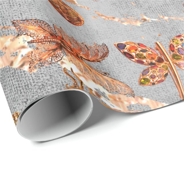 Copper Grey Gold  Meadow Butterfly Insects Gem Wrapping Paper (Roll Corner)
