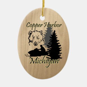 Copper Harbour Michigan Snowmobile Bear Ceramic Ornament