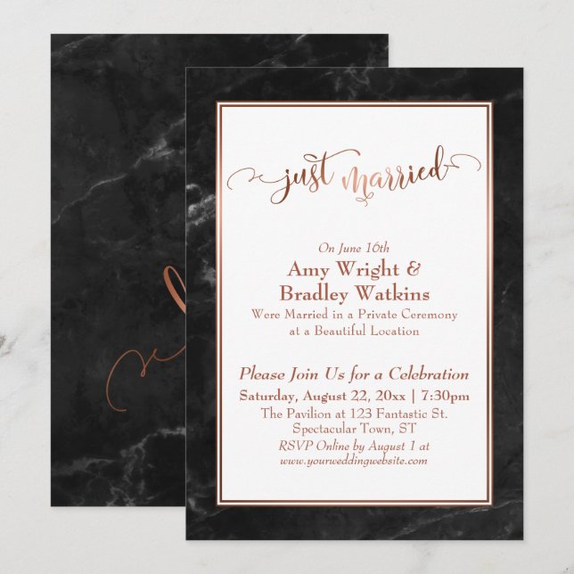 Copper Just Married Black Marble Celebration Invitation (Front/Back)
