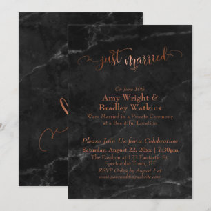 Copper Just Married Script over Black Marble Invitation