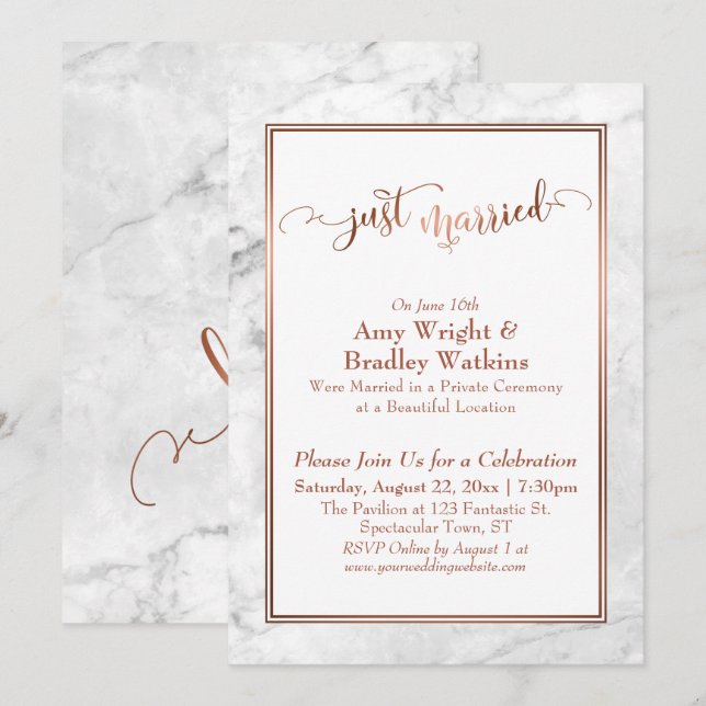 Copper Just Married White Marble Celebration Invitation (Front/Back)
