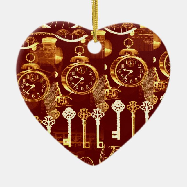 Copper Keys & Clocks Steampunk Dream Foundry Heart Ceramic Ornament (Front)