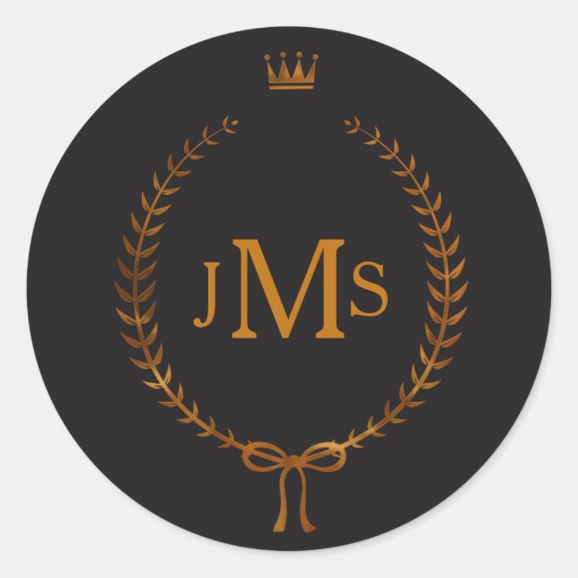 Copper Laurel Wreath with Crown Elegant Monogram Classic Round Sticker (Front)