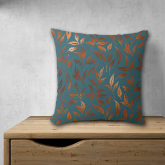 Copper Leaves Vine on Dusty Blue Throw Pillow