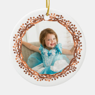 Copper-look Berry wreath & Merry Christmas script Ceramic Ornament