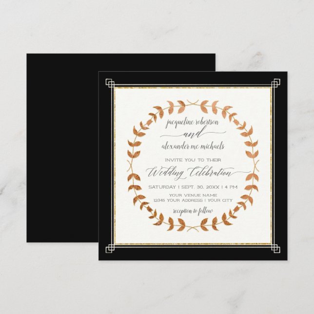 Copper Look Laurel Leaf Wreath Black Tie Elegant Invitation (Front/Back)