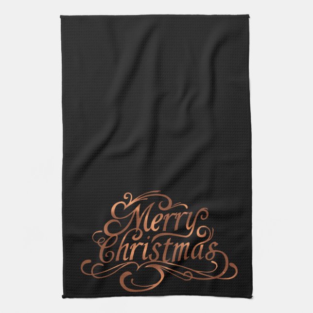 Copper-look Merry Christmas script kitchen towel (Vertical)