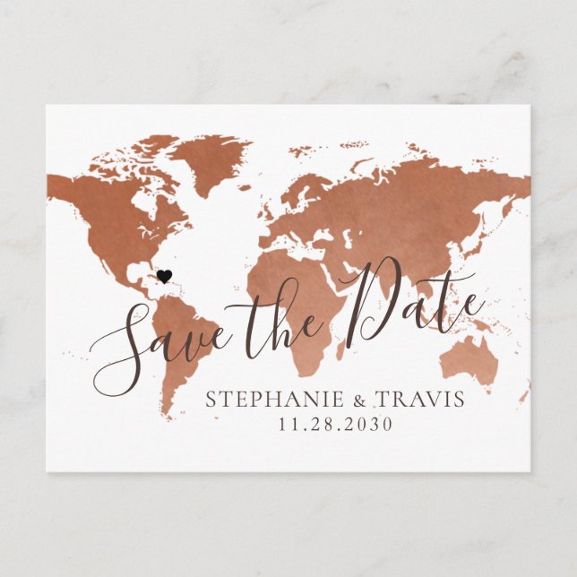 Copper Map Destination Wedding Save the Date Announcement Postcard (Front)