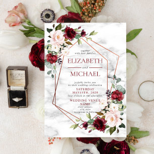 Copper Marble Geometric Burgundy Floral Wedding Invitation