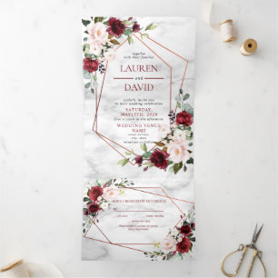 Copper Marble Geometric Burgundy Photo Tri-Fold Invitation