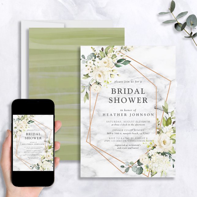 Copper Marble Geometric White Floral Bridal Shower Invitation (Creator Uploaded)