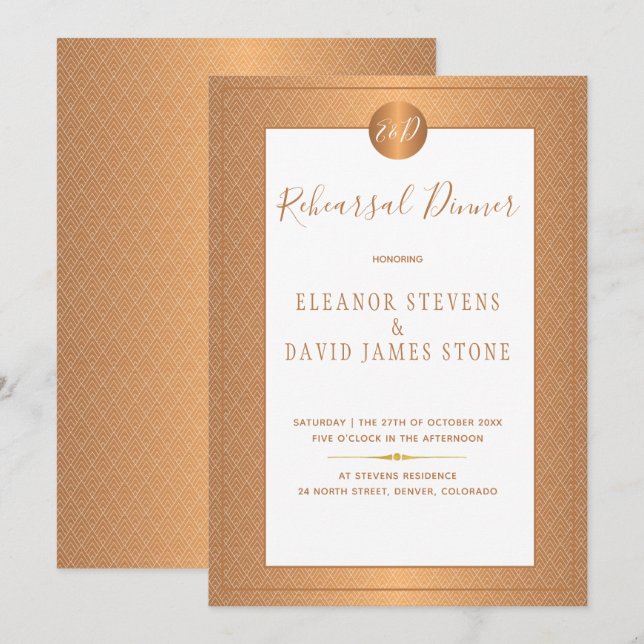 Copper Metallic Elegant Monogram Rehearsal Dinner Invitation (Front/Back)